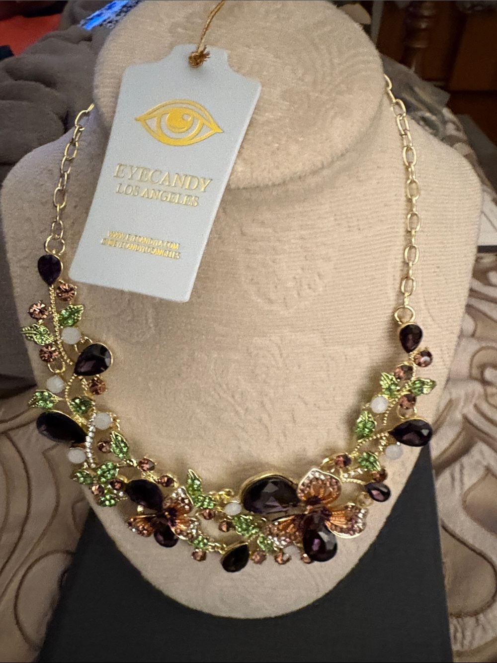 Eye Candy LA Gold Floral Statement Necklace with Purple and Green Stones